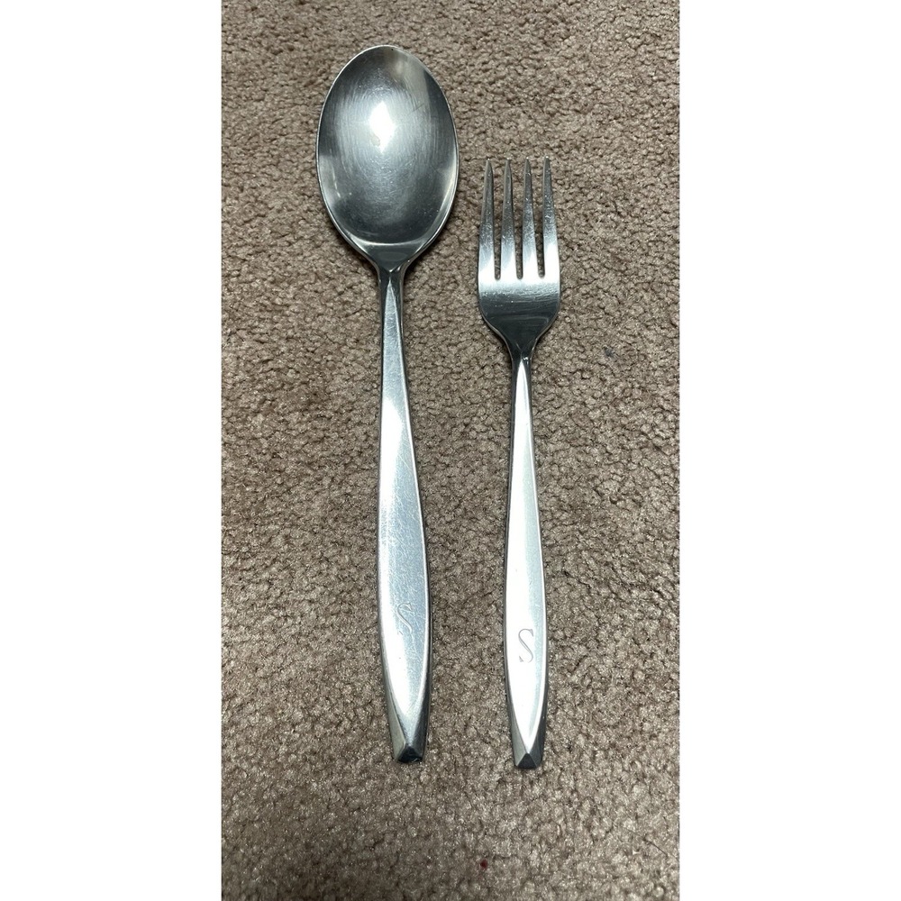 Insico Stainlesss Serving Spoon Fork S monogram  USA  2 Silverware‎